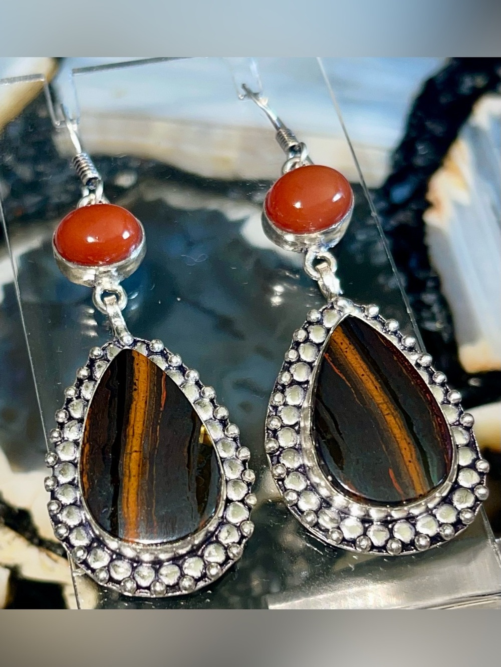 Dark Tiger Iron Eye & Carnelian Crystal Earrings 2 1/2”